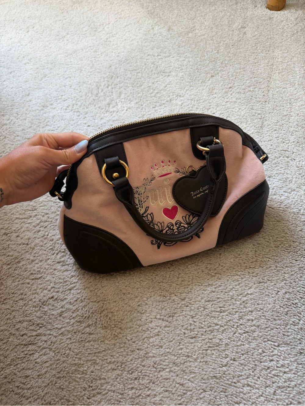 Juicy Couture Blush Pink and Black Heart Charm Satchel
